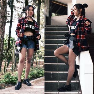 Soft Edgy not so Casual ootd. Wearing Thick plaid jacket, a tank, hotpants, black stocking, semi boots platform, and yes I doubled bunned my hair!! Not to forget accessories has became a necessity nowadays! check out my new post on my blog! www.jessicaelsanty.com/2015/06/edgy-dark-side.html 