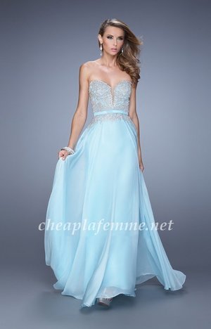 Be unforgettable in this perfect gown by La Femme 21334. Embroidered bodice covers a strapless sweetheart neckline and mid-open back. The chic satin belt will accentuate your fabulous curves. Perfect for 2015 Prom Dress, Holiday Dress, Winter Formal Dress, or Special Occasion Dress.
 
Size: Standard Size or Custom Made Size
Closure: Back Zipper
Details: Embroidered Bodice
Fabric: Chiffon
Length: Long
Neckline: Strapless Sweetheart
Waistline: Natural
Color: Cool Blue
Tag: Cool Blue,Long,Strapless Sweetheart,Prom Dresses,La Femme 21334