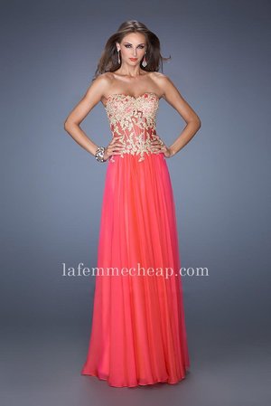 La Femme Style 19593 Senior Prom Dress Features a Sweetheart Neckline, Sheer Illusion Bodice with Exposed Boning and Gold Lace Embellishment, and Gathered Chiffon Skirt. This La Femme Chiffon Dress is perfect for Prom Dress, Evening Dress, Celebrity Dress, Winter Formal Dress, Homecoming Dress or Special Occasion Dress. Size: Standard Size or Custom Made SizeClosure: Back ZipperDetails: Sheer Illusion BodiceFabric: ChiffonLength: LongNeckline: Strapless SweetheartWaistline: NaturalColor: WatermelonTag: Watermelon, Long, Strapless, Prom Dresses, La Femme 19593