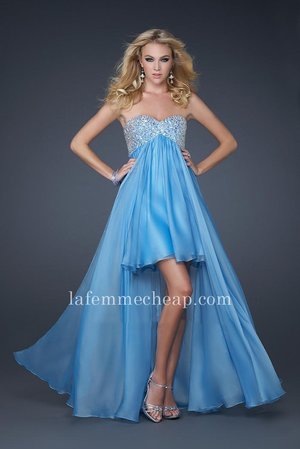 This Stunning High Low Hem La Femme 17502 Cocktail Dress Features the Short in the Front, Long in the back style, a Simple Sweetheart Neckline with Beadwork on the Bust. This La Femme 17502 Dress would be suitable for Prom, Winter Formals, Homecoming, and Special Occasions. Size: Standard Size or Custom Made SizeSilhouette: A-LineSleeve Style: SleevelessFabric: Chiffon Length: High LowNeckline: Strapless SweetheartWaistline: EmpireColor: PeacockTag: Peacock, Sequin, High Low, Strapless, Homecoming Dresses, La Femme 17502