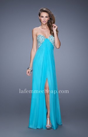 La Femme Style 20784 Prom Dress Features a Sweetheart Neckline, Pearls and Rhinestones Bust and Crisscross Back Straps, Empire Waistline, and Floor Length Chiffon Skirt. Perfect for Prom Dress, Holiday Dress, Winter Formal Dress, Homecoming Dress, or Special Occasion Dress. Size: Standard Size or Custom Made SizeClosure: Side ZipperDetails: Jewel Detailing, Front SlitFabric: ChiffonLength: LongNeckline: Strapless SweetheartWaistline: NaturalColor: AquamarineTag: Aquamarine, Long, Strapless, Front Slit, Prom Dresses, La Femme 20784