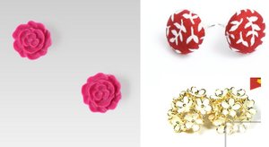 This month's obsession: Earrings. Clockwise: Silhoutte pink pompom earrings, Accessorie covered button earrings, Petite Lola daisy earrings.