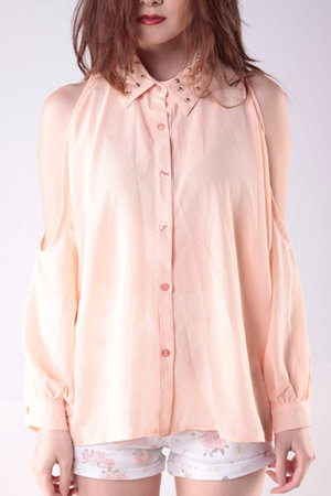 Rakuten BELANJA ONLINE: Studded Cut Out Shirt - Pink < Bottom < Gowigasa