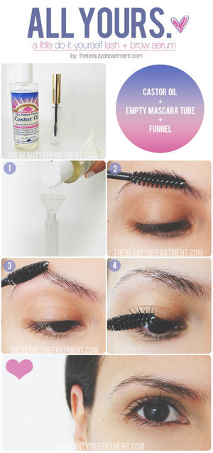 STEPS:After washing your face and applying all your anti-wrinkle goodies, it’s time to apply the Castor oil to your lashes. I discovered an empty mascara tool at a beauty supply store and it works perfectly! (You can use your finger or Q-tip as well. However, this makes for easy and perfect application).If using the empty mascara tube, simply pour your Castor oil into the bottle. Using this tiny funnel from a craft store makes for easy clean up and no spillage.Gently apply the Castor oil soaked mascara wand to the tips of your brows like you normally would an eyebrow gel.Then dip the wand back in the tube to load it back up with more product and apply it to your lashes like you would with mascara. Unfortunately, your eye lashes don’t have chia pet qualities, and will take a few weeks with consistent use of the castor oil to see some results. Don’t fret, you are conditioning your lashes and making them healthy and strong!Credit to: http://thebeautydepartment.com/