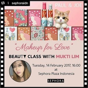 #Repost @sephoraidn ・・・ Hi beautiful! 
Make your day with full of love! 
I'm gonna share with you how to do Sweet and Romantic Makeup Look that you can wear for your romantic valentine dinner or other special occasion 
Join beauty class with Paul & Joe and Me on Tuesday, 14 February 2017, 4 PM at Sephora Plaza Indonesia. 
Only IDR 500.000, you can get a redeemable Sephora voucher and goodie bag from Paul & Joe 
Info and  RSVP through 0815 9153 3217 (text / WA only). .
.
.
.
.
.
.
.
#kelasmakeup #kursusmakeup #beautyclass #clozetteid
#sephoraidnbeautyinfluencer #sephoraidn #beautybloggerindonesia #indonesiabeautyblogger #kursusmakeupjakarta #beautyguru #muajakarta
#plazaindonesia #indobeautygram #motdindo #motd #makeupartist #makeupjunkie #clozette #fdbeauty #makeuplover #beautyjunkie #beautylover #like #like4like #likeforlike #indonesiafemaleblogger #potd