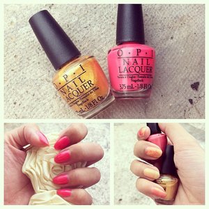 OPI Mini in OY - Another Polish Joke (gold on the left)
 and Suzi's Hungary Again! (coral pink on the right)
