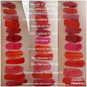 All reddish tone, all liquid lipstick, all non matte.

#liquidlipstick #lippies #shuuemura #yslbeautyclub #LOREALParisID #bblogger #LOREALParis #red #blogger #swatches #beautybloggerindonesia #redlips #beauty #clozetteid #thefaceshop #vov #yslbeaute #shiseido