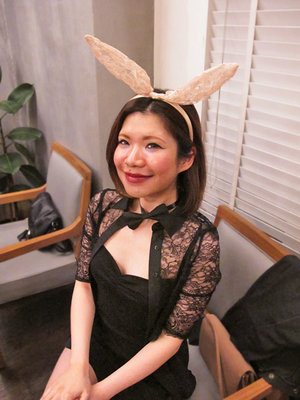 bunny banker.mini tube cotton dress + lace black shirt + lace bunny headband + bow tie