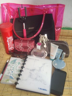 What's in My Bag? Hahaha yeah its kinda messy but what-so-ever. I need them :D
Pink Bag = Red tumblr, Pink monopod, prayer set, My Acer, Benetton Let's Love Eau de Toilette, Wardah stuff (sunscreen, bb cream, lipstick, compact powder), sunglasses, Handphone & his friends, Sketch book, Journal, Pen marker & pink pencil. Ready for holiday..lets go have fun ladies ^^
#ClozetteID #AcerLiquidJade #ItsMyBag #Whatsinyourbag