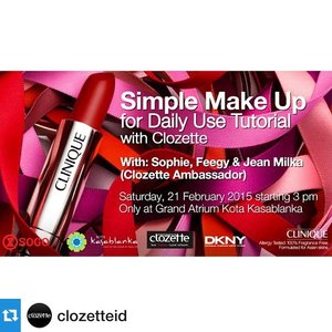 See you there!! I'll be your host 👌😉❤️ #Repost @clozetteid with @repostapp. ・・・ Come and join us! @cliniqueindonesia and Clozette Indonesia present 'Simple Makeup for Daily Use Tutorial'. Saturday, 21 February 2015; 15:00 @kotakasablanka . Get a free makeover by our Clozette ambassador and a fantastic Clinique goodie bag up for grabs!! #ClozetteID #beautyworkshop #Makeup #Clinique #instabeauty #instadaily #makeover #tutorial