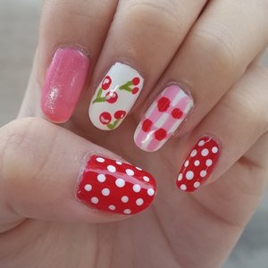 My #cherry #picnic #nailart inspired by @elleandish.. and please excuse my dry cuticle.  Any of you know what should I do with them? They always very dry.#nailpolish #nailart #kuteksjunkie #kuteksjunkies #rednailart #pinknailart #cherrynailart #nail #nails #nailaddict #nailartjunkie #picnicnailart #clozettedaily #clozetteid #femaledaily #myaddictuon