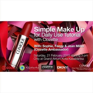 Morning! 
I will be doing a makeup demo for daily makeup look and if you are keen to learn or you have a lot of questions about beauty, Come and join us! @cliniqueindonesia and @clozetteid  present 'Simple Makeup for Daily Use Tutorial'. Date: Saturday, 21 February 2015
Time:  15:00 
Venuw: @kotakasablanka 
Get a free makeover by our Clozette ambassador and a fantastic Clinique goodie bag up for grabs!! #ClozetteID #beautyworkshop #Makeup #Clinique #instabeauty #instadaily #makeover #tutorial #acarajakarta #eventjakarta #jakarta #makeupdemojakarta #belajarmakeup #kelasmakeup