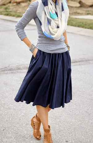 Navy midi skirt, grey tee, printed scarf, gladiator sandals