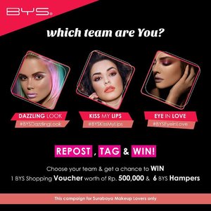 Ladies in Surabaya.... Which Team Are You? #BYSDazzlingPink #BYSKissMyLips or #BYSEyeinLove?
Repost this poster, choose your team and get ready to win 6 hampers and 1 BYS Shopping Voucher woth of Rp. 500,000,-
.
.
We are looking for 2 winners for each team, and total 6 winners will join BYS Valentine’s Makeup Challenge with @mgirl83, which will be held on Saturday, 27 January 2018, 1 – 3 PM at BYS Studio Pakuwon Mal Surabaya.
.
.
Are you ready? SO, choose your team now and let’s accept the challenge!!! #BYS #BYSIndonesia #BYSCosmetics #MakeupChallenge  #clozetteid
#makeup  #sbybeautyblogger #bloggerceria #beautynesiamember #blogger #bbloggerid #beautyblogger  #indonesianblogger #indonesianbeautyblogger #surabaya #surabayablogger #surabayabeautyblogger #influencer #beautyinfluencer #surabayainfluencer #influencersurabaya #makeupsession #event #infosurabaya #makeupcompetition #recreatemakeup #repostandwin