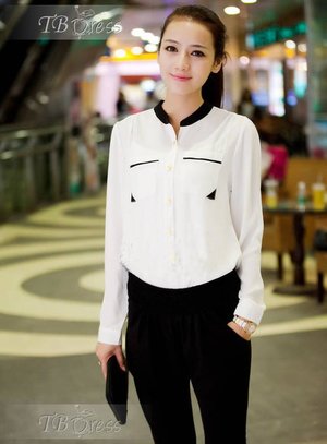 New Korean Style Color Block Long Sleeves  Stand Collar Blouse : Tbdress.com