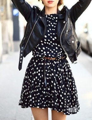 dots dress with black leather jacket to looks rock