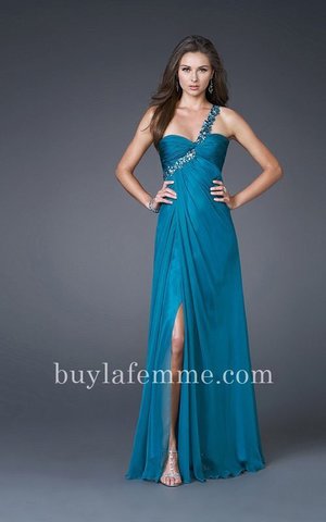 This formal one shoulder Dress features a beaded strap, flowing silhouette, and high side front slit.A beaded one shoulder strap gives this long dress in Teal a touch of sparkle and the low cut back and side slit on the flowing skirt adds to the drama. .Formal dresses run two sizes smaller than regular sizes! Compare to the size chart for a proper fit, and provide your measurements with your order. Size: Standard Size or Custom Made SizeClosure: Low Back ZipperDetails: Beaded Strap, High Side Front Slit, Rouched Bust, SleevelessFabric: Chiffon Length: Floor LengthNeckline: One ShoulderWaistline: Empire WaistColor: TealTag: One Shoulder Strap, Teal, Long, Homecoming Dress, La Femme 15361