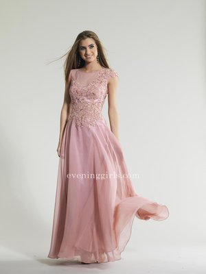 A classical princess dress by Dave and Johnny 10243 adorned with short sleeves and a bateau shaped shell. The bodice is patterned with flowers that cascade down one of the sleeves to the waist. The skirt is layered and falls in a maxi style ideal for pear-shaped women with slim, upper bodies.