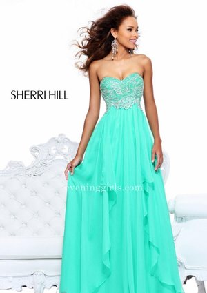 Our Shop Selling New Style for Sherri Hill prom dresses, pageant dresses, prom dresses, pageant gowns and formal evening gowns for special occasions.Be captivating in this remarkable Sherri Hill 3874. The strapless style, empire waistline and revealing sweetheart neckline make it stunning! This evening gown is delicately embellished with precious beads while its A-line pleated skirt finely trails down to the floor. Measured from waist to hem, this ensemble has a length of 45 inches.