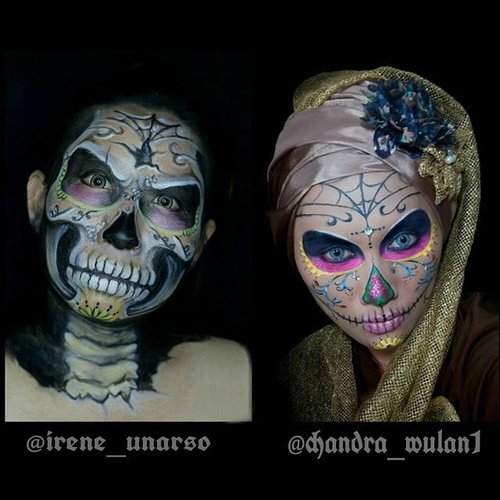 Sugar Skull vs Skull.When sugarskull face the skull - a collaboration with @chandra_wulan1 ..#clozetteid #clozettehalloween #halloweenideas #halloweenmakeupideas #hanzoween #dehsonae #luvekat #lespinceauxdecaro #makeuppassion #skulls #sugarskull #jinnymakeup #dupemag #illusionmagazine #mehronmakeup #paradisemakeupaq #wakeupandmakeup