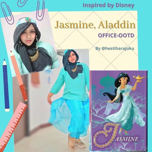 LATEPOST: Nov 11th, 2020 💙🥻🐯🕌 ... Kangen foto2 #fashiontematik hiks..... Tapi gimana? Ya udah, foto #thematicfashion nya  at #campus aja 😂😂 sambil ngantor at #DesainModePolimedia . Kali ini temanya #DisneyPrincess #Jasmine #Aladdin 🐯🕌💙🥻 #Colorchart : #mint #tosca , #Gold and #black ----#nhkkawaii #clozetteid #Modestfashion #modestwear#Fashion#lecturer