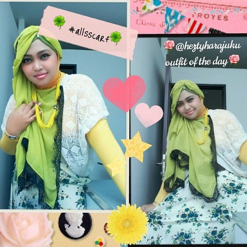 🍀🍀#heztyharajuku #ootd / 24 Feb 2015 🍀🍀#allsscarf #lemonyellow #clozetteid #modestfashion #coveredstyle #hotd #fashion #style #headscarf #floralpattern #skirt #green