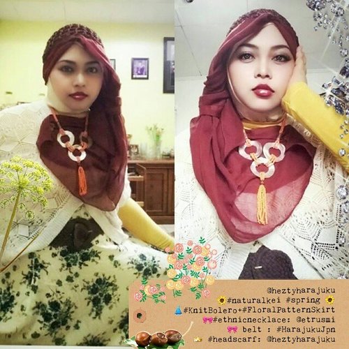 🍀🌻🍀REPOST: #heztyharajuku #naturalkei #ootd #hotd🍀🌻🍀
#headscarf #fashion #style #modestfashion #muslimfashion #coveredstyle #knitbolero #brown #green #yellow #jakartastreetstyle #modest #kawaii 🎀💟🎀 #darkbrown #belt : #Harajuku #Japan | #ethnicnecklace : @ebatiktrusmi #Cirebon #indonesia | #headscarf : @heztyharajuku | #flowerpattern #skirt + #knitbolero | 🎀💟🎀 #clozetteid #ScarfMagz