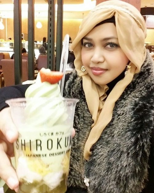 March 1st, 2016 ---- "save it for rainy day 😉... and #Wiskul (#foodtravel) after hours with Meichan at #shirokumacafe . The #dessert is soo #yummy !💖💖💖 Reminds me of my life in #Japan 😂😂😂" My #ootd : #furscarf - #gold #black #scarf . @clozetteid #ClozetteID #hijabiandfab #modestfashion #coveredstyle #headscarf #instafashion #foodtraveller #japanesefood #rainyseason  hihihi