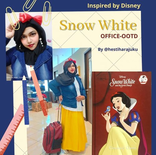 Tue, Dec 1st, 2020 ❤️🍎👑 Hello December!... Pandemi Covid 19 sudah 9 bulan aja di Indonesia ya... Sudah kangen traveling... Kangen foto2 #fashiontematik hiks..... Tapi gimana? Ya udah, foto #thematicfashion nya  at #campus aja 😂😂 sambil RDK #DesainModePolimedia hari ke-3. Kali ini temanya #DisneyPrincess #SnowWhite ❤️👑🍎 #Colorchart : #Yellow💛 , #DarkBlue💙 , #White 🤍 and #Red❤️ ----#nhkkawaii #clozetteid #Modestfashion #modestwear#redribbon#bluedenimjacket#Yellowskirt#lecturer
