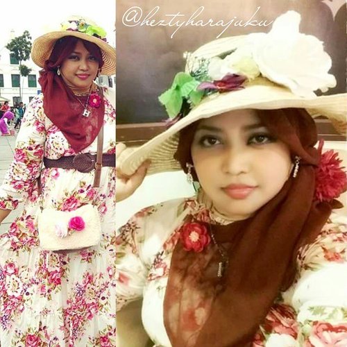 💜👒💜 #GoDiscover Hijab Challenge @clozetteid minggu ke-1dengan tema:  #ItsSoYou 🌸... Suka banget jalan-jalan cantik ke tempat-tempat bersejarah sambil berdandan #vintagestyle a la #nonebelande , rasanya seperti #timetraveler !... 😄 #romantic .. #elegant ... #modest !... It's soo.. me! 👗| #flowerpattern #longdress | #flowery #floppyhat | #lightbrown #parisscarf | #fur #beige #slingbag | 👗💜🎀💜 #ClozetteID #HijabFashion #HijabStyle #Hijaboftheday #Hijaboftheworld #HijabinStyle #Hijabers #HijabIndonesia