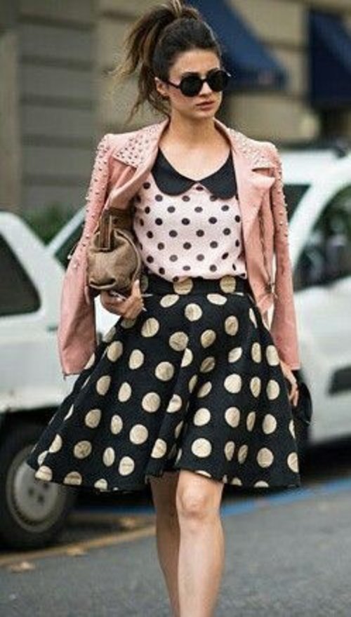 Dark blue polka-dot skirt + white polka dot top + pink jacket