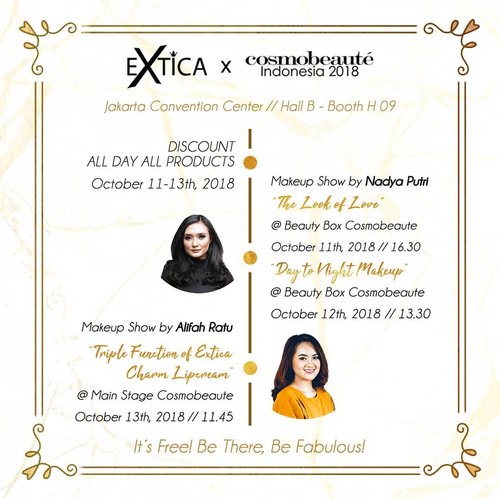 I will be coming to @cosmobeauteindonesia At 13 October 2018 at JCC! Bakal banyak diskon yang menarik loh di sana dan tiket masuknya gratiss lohh!! Soo, see you there! 🤗-#exticaindonesia #extica #exticaxbloggirlsid