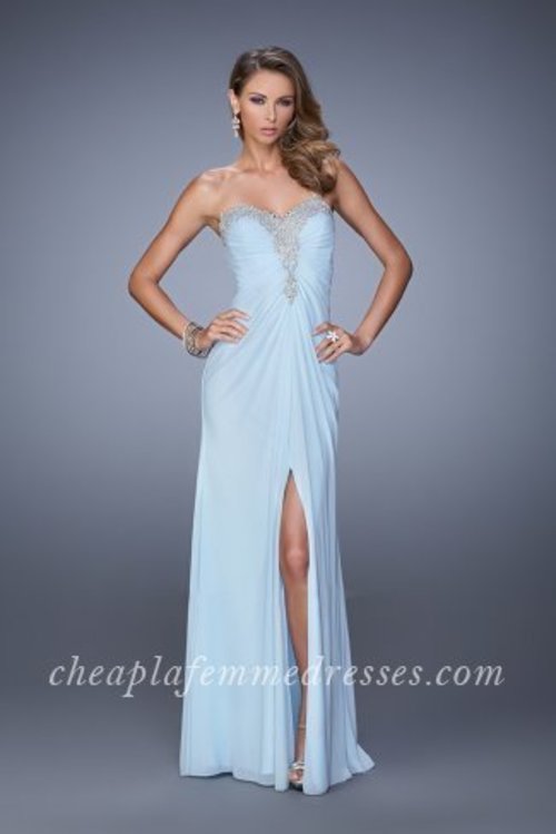 Feel the elegance of La Femme 21275. This attractive evening gown features a strapless and beaded sweetheart neckline. Shirred detailing gathers at the center, that creates a captivating design. A floor-length skirt with side slit finishes this breath-taking creation. Perfect for 2015 Prom Dress, Holiday Dress, Winter Formal Dress, or Special Occasion Dress. Size: Standard Size or Custom Made SizeClosure: Back ZipperDetails: Beaded Embroidery, Side SlitFabric: Net JerseyLength: LongNeckline: Strapless SweetheartWaistline: NaturalColor: Powder BlueTag: Powder Blue,Long,Strapless Sweetheart,Prom Dresses,La Femme 21275