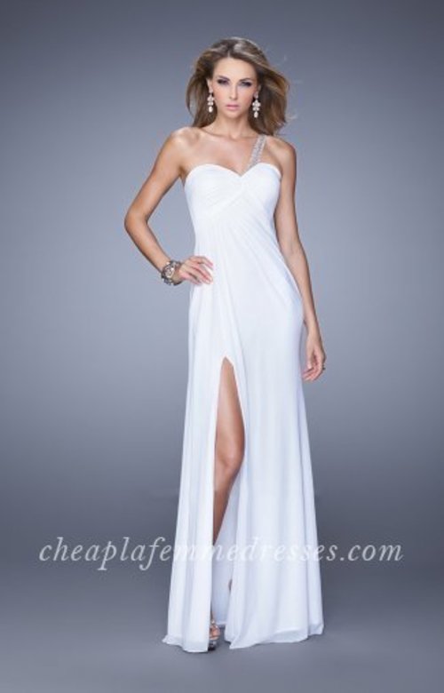 Stunning La Femme Style 21384 Prom Dress Features a Sweetheart Neckline, Beaded Sheer One Shoulder Strap and Back Strap, Ruched Bodice, Diamond Open Back, Side Thigh Slit, and Floor Length Skirt. Perfect for 2015 Prom Dress, Evening Dress, Winter Formal Dress, Wedding Gust Dress, Homecoming Dress, or Special Occasion Dress. Size: Standard Size or Custom Made SizeClosure: Side ZipperDetails: Beaded Back Strap, Open Back, Side SlitFabric: Net JerseyLength: LongNeckline: One ShoulderWaistline: NaturalColor: WhiteTag: White,Long,One Shoulder,Slit,Prom Dresses,La Femme 21394