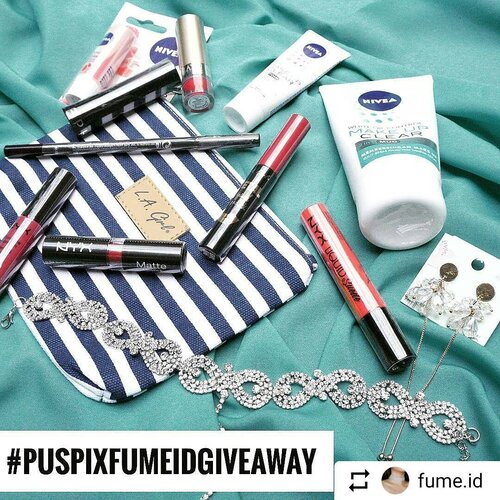 #Repost @fume.id with @instatoolsapp ・・・
[GIVEAWAY ALERT] - REPOST ONLY
ENDS 31 AUGUST 2017 - 2 WINNERS
.
#PuspiXfumeIDgiveaway 
How to join?
1. Follow @puspitamygsari and @fume.id
2. Spam like di IG @puspitamygsari dan @fume.id
3. Subscribe Youtube Channel : Puspita Mayangsari (or simply click the link on my bio)
4. REPOST THIS PHOTO, 1x saja per account (REAL ACCOUNT), jangan lupa mention dan tag @puspitamygsari dan @fume.id dan sertakan hashtag #PuspiXfumeIDgiveaway 
5. Tag 3 teman beauty junkies kalian untuk ikutan. IG jangan di private!
.
.
💖💖💖THE PRIZES💖💖💖
💍💍PEMENANG PERTAMA💍💍
1. BEBAS PILIH 1 KALUNG DAN 1 ANTING dari @fume.id 
2. NYX Soft Matte Lip Cream "Prague"
3. NYX Suede Cream Lipstick "Life's a Beach"
4. NYX Matte Lipstick "Merlot"
5. SEPHORA Rouge Shine "Just Dating"
6. SEPHORA Kohl Pencil "Mistic Purple"
7. LA GIRL blue striped pouch
8. LA GIRL Metallic Lipstick "Brilliant"
9. SARIAYU Lipstick "Marunda"
9. NIVEA Makeup Clear 2in1 Mud, 2in1 Foam, Vitamin Shake
.
.
💍💍PEMENANG KEDUA💍💍
BEBAS PILIH 1 KALUNG DAN 1 ANTING dari @fume.id .
Giveaway berakhir hari Kamis tanggal 31 Agustus 2017 jam 23.59
.
GOODLUCK BEAUTIES💖💖💖
#makeupgiveaway #repostgiveaway #fumeid #ivgbeauty #indobeautygram #beautynesiamember #clozette #clozetteid #beautyjunkie #beautyjunkies #instamakeupartist #makeupporn #makeuppower #beautyaddict #fotd #motd #eotd #makeuptutorial #beautyenthusiast  #makeupjunkie #makeupjunkies #beautyvlogger #wakeupandmakeup #hudabeauty #featuremuas #undiscovered_muas