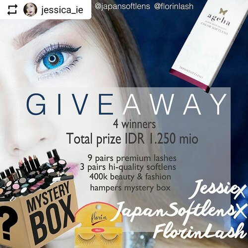 #Repost @jessica_ie with @instatoolsapp ・・・
Hip-hip hooray🎆 It's another giveaway! #5th #thankGod

Seperti yang sudah pernah aku post dan di foto atas, aku menggunakan 2 produk berkualitas yang aku suka banget dari @japansoftlens (softlens yg pattern dan warna2nya bagus2 banget dan nyaman dipakai seharian tanpa tetes mata!) dan @florinlash (carefully handcrafted premium lashes yg byk modelnya dan lembut banget. Gampang dipasang!)😍 .
Mau tampil kece juga dengan look seperti ini atau dengan gaya kamu sendiri? Bisa banget! Aku dan @japansoftlens serta @florinlash mau bagi-bagi produk gratis untuk kalian.😉 .

1. Follow @jessica_ie , @japansoftlens , dan @florinlash
2. Repost gambar banner ini dengan hashtag #jessiexjapansoftlensxflorinlash
#giveawayindo
3. Tag 5 teman real friends (no selebgram/artis/olshop/fake account) + mention @jessica_ie @florinlash @japansoftlens .
💰 Bebas ongkir ⚠Private dan giveaway account tidak terhitung. Unfollowers will be banned for the next giveaways
☝Repost 1x saja
😊Siapa saja boleh ikut selama mengikuti rules dan bukan unfollowers sebelumnya (yes we will check)

Akan ada 4 orang pemenang:
3 pemenang akan mendapat 9 pasang premium lashes + glue dari @florinlash dan 3 buah pasang super high quality softlens dari @japansoftlens
1 pemenang akan mendapatkan mystery fashion, makeup & skincare box worth 400k from @jessica_ie *semua hadiah yang didapat dapat kalian pilih sesuai keinginan kalian isi/varian/seri/minus nya tergantung persediaan*

Pengumuman: 31 Mei 2017

2 pemenang akan dipilih secara random
2 pemenang lain akan dipilih dari yang paling aktif (which means waaay bigger chance to win!) Thankyou for your supports! Good luck. Xoxo❤❤❤ #clozetteid #makeup #giveawayindonesia