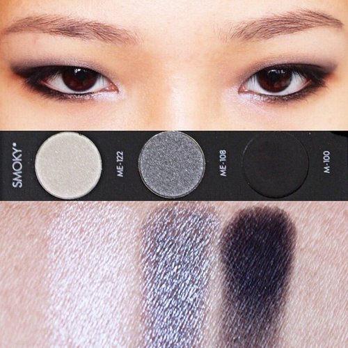 MAKEUP FOREVER STUDIO CASE - Smoky Left-rightME- 122 SnowWhite with metallic sheen. The formula is smooth and easy to apply. But not as pigmented as the other metallic shadow in the palette.ME- 108 SteelGray with frosted finish. Smooth and buttery formula. Quite pigmented and blend nicely.M- 100 Blackmatte black. The formula is dry but smooth and easy to apply and blend. The pigmentation is buildable.#Moldiv #VSCOcam #ALTERCOUTUREbeauty #makeup #maquiallage #clozetteid