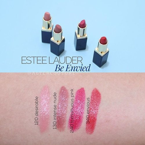 Estée Lauder 'Be Envied' Pure Colour Envy Sculpting Lipstick Collection
.
Holiday set of 2015 contains 4 deluxe size of Color Envy Sculpting lipstick. The set has nude, pink and red lipstick with creamy/ a bit glossy finish. It has 3 similar color from last year set (desirable, tumultuous pink, envious). . 
Pros:
- Pigmented
- Hydrating
.
Cons:
- The color bleed, lip liner is needed!
- The color doesn't last long. .
.
.
#makeup #maquiagem #maquiallage #universodamaquiagem #hudabeauty #esteelauder #lipstick #redlips #redlipstick #fdbeauty #clozetteid #wakeupandmakeup #beaustagram #lipstagram #makeupaddict #makeupstagram #vegasnay #swatchnationid #makeupjogja #makeupartist #muajogja