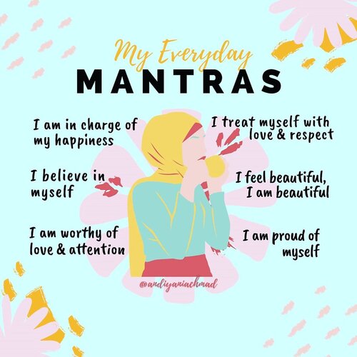 Mantra is “a word or phrase that is repeated often or that expresses someone’s basic beliefs". Biasanya aku lakuin ini setiap hari buat self love affirmations biar merasa lebih nyaman sama diri sendiri. Terlebih di masa pandemi kayak gini, entah berapa kali itu mental naik turun bak roller coaster kan ye 😁Katanya kan ucapan itu doa dan penguat diri, karena itu aku usahain setiap hari berucap yang baik gak cuma ke orang lain tapi juga ke diri sendiri. Gils, kalo dipikir-pikir diri ini udah segitu hebatnya melalui segala hal tapi tetap masih bertahan kuat & berdiri tegak. Maasyaallah  deh pokoknya 🥰Kalo kamu ada gak sih mantra atau ucapan penguat buat diri sendiri? @emak2blogger #kebelajarcanvadesign #canvadesign #andiyaniachmad #clozetteid #selflove #selfloveaffirmations #mentalhealthawareness #emak2blogger #kumpulanemakblogger