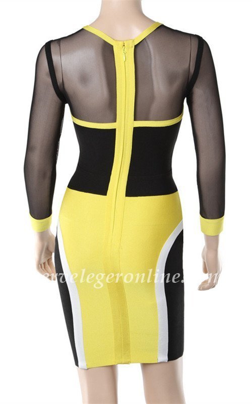  The combination of yellow and black is fantastic, attention,
the black part are translucent, a little seductive.
Generally, it's a conservative design, sleeves are relatively long.
The bottom part is occupied by yellow, so shining.
It's so tight that a woman with great body figure can show it to others easily.
Allover bandage construction.
Concealed center back zipper with hook-and-eye closure.
Rayon, Nylon, Spandex.
Imported.
Tags: Herve Leger Dresses, Lace Bandage Dresses