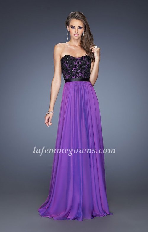  Bold La Femme Style 20068 Long Prom Dress Features a Modified Sweetheart Neckline, Black Lace Embellished Bodice with Small Jeweles, Black Satin Belt Waistline, Straight Across Back, and Long Chiffon Skirt. This La Femme Long Dress is perfect for Prom Dress, Formal Evening Dress, Engagement Dress, Bridesmaid Dress, Homecoming Dress or Special Occasion Dress. Size: Standard Size or Custom Made SizeClosure: Back ZipperDetails: Bead Detailing, Lace EmbellishedFabric: ChiffonLength: LongNeckline: Strapless Waistline: NaturalColor: Electric PurpleTag: Electric Purple, Lace, Long, Strapless, Hoemcoming Dresses, La Femme 20068