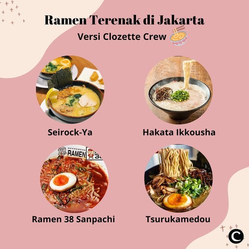 Untuk Clozetters yang suka makanan Jepang, ramen bisa jadi pilihan yang oke, lho! Olahan makanan yang terbuat dari bahan dasar berupa mie yang berkuah, pertama kali diciptakan pada tahun 1910. Bagi kamu yang ingin menikmati segarnya kuah ramen, Clozette Crew punya rekomendasi tempat makan ramen terenak di Jakarta. Kalau favorit kamu yang mana, nih Clozetters?📷 @seirockya.ramen @hakataikkousha @ramen38official @tsurukamedoujkt#ClozetteID #ClozetteIDCoolJapan #ClozetteXCoolJapan #Ramen
