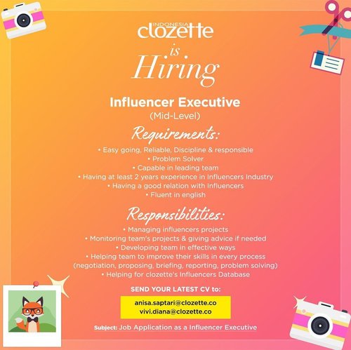 Another job vacancy for today!✨ if you meet all the requirements, please don’t hesitate to send your best cv! #ClozetteID #loker #jobvacancy