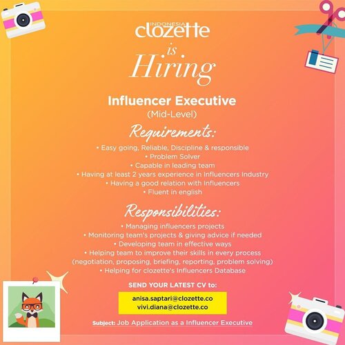 Another job vacancy for today!✨ if you meet all the requirements, please don’t hesitate to send your best cv! #ClozetteID #loker #jobvacancy