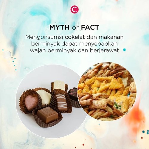 MYTH OR FACT? Banyak makan cokelat dan makanan berminyak atau gorengan bisa bikin wajah jadi berminyak dan berjerawat. Gimana nih, Clozetters, menurut kamu mitos atau fakta ya? Yuk, tulis pendapatmu di kolom komentar! #ClozetteID #ClozetteIDTriviaQuiz