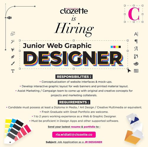 We’re hiring junior web graphic designer!✨ Yuk, untuk kamu yang punya bakat di dunia design dan mau gabung keseruan sebagai Clozette Crew, jangan lupa cek requirements di atas yaaa! #ClozetteID #loker #jobvacancy