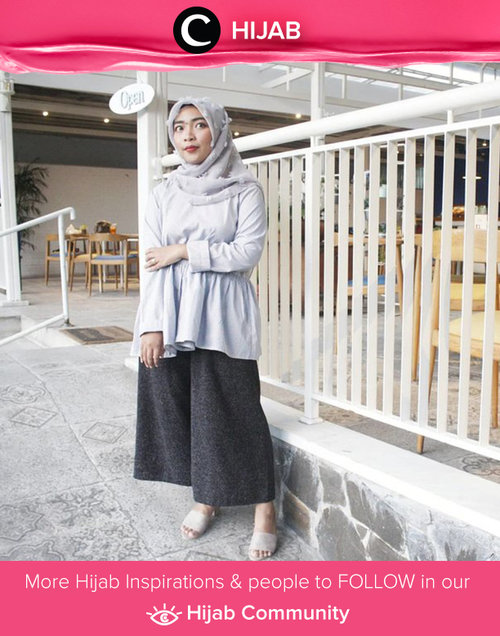 Flare top in grey and long culottes: more loose and flowy. Simak inspirasi gaya Hijab dari para Clozetters hari ini di Hijab Community. Image shared by Clozetter: @enykurnia14. Yuk, share juga gaya hijab andalan kamu