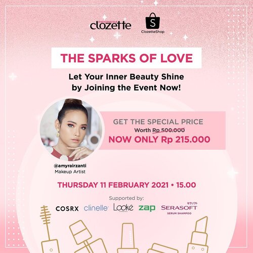 Calling all beauty enthusiast! Sebentar lagi akan ada valentine's day, sudah siap belum tampil cantik untuk bertemu pasangan kamu? Clozette ingin mengajak kamu untuk ikut virtual event The Sparks of Love pada 11 Februari 2021. Akan ada sesi beauty session bersama @amyraizanti di mana kamu bisa belajar trik makeup sesuai elemen zodiak.Cara daftarnya gampang, cukup beli The Sparks of Love box yang berisikan produk-produk skincare dan makeup senilai lebih dari Rp500,000 hanya dengan harga Rp215,000 saja, lho! Di dalam Box ini kamu juga akan mendapat invitation untuk mengikuti The Sparks of Love virtual event. Cek akun ClozetteShop di Shopee untuk beli The Sparks of Love box atau cek link berikut, ya bit.ly/SparksOfLove (LIN ON BIO)Let's join!#ClozetteID #TheSparksofLove