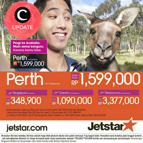 Liburan murah dengan Jetstar ke Perth hanya Rp1.599.000,- hingga 4 Oktober ini. Syarat dan ketentuan berlaku. Kunjungi website  Jetstar.com atau hubungi (021) 25556333 untuk informasi lebih lanjut.