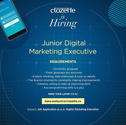 We’re looking for Junior Digital Marketing Executive. If you meet the qualifications for this position, don’t hesitate to send your latest CV! Good luck, Clozetters✨ #ClozetteID #ClozetteHiring #Loker #LokerJakarta